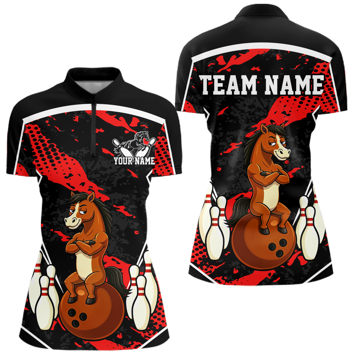 Custom Red Funny Horse Bowling Tournament Jersey for Women Bowling Team Shirts Polo & 1/4 Zip HNT180