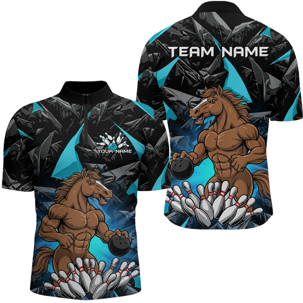 Custom Turquoise Funny Horse Bowling Jersey for Men Bowling Team Shirts Bowling League Polo & 1/4 Zip HNT183