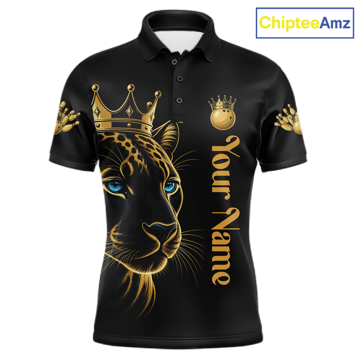 Black polo shirt with gold panther design and 'Your Name' text, brand 'ChipteeAmz' visible.