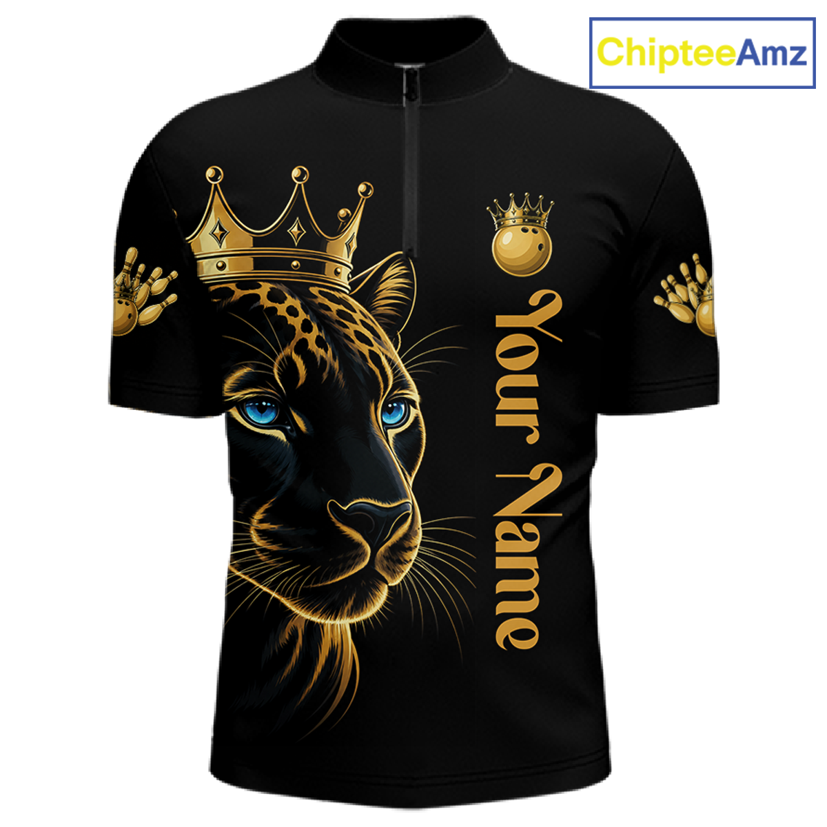 Black shirt with gold leopard design and 'Your Name' text, brand 'ChipteeAmz' visible.