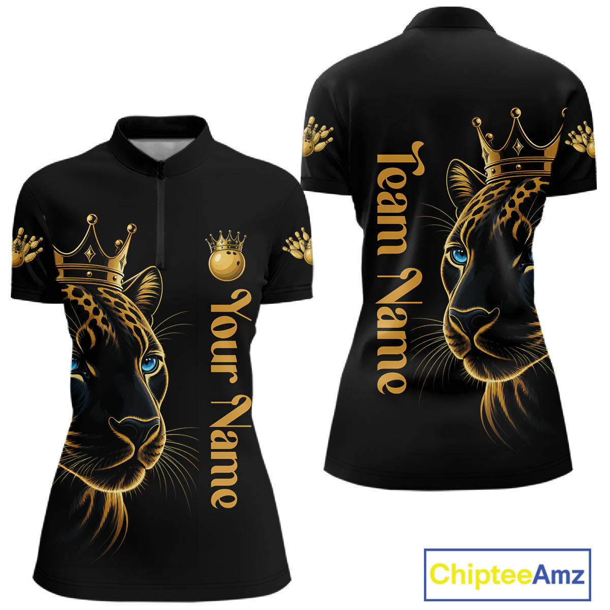 Black polo shirt with gold leopard design and customizable text on a white background