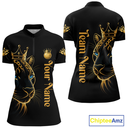 Black polo shirt with gold leopard design and customizable text on a white background