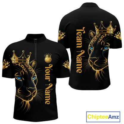Black shirt with gold panther design and customizable text on a white background
