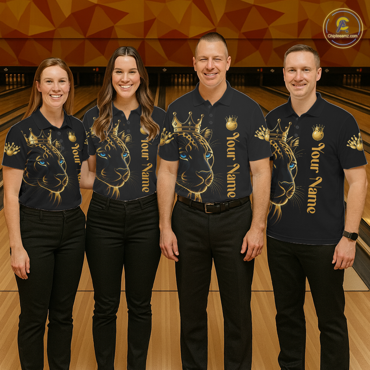 Four people wearing matching bowling shirts with a logo and text on a bowling alley background.