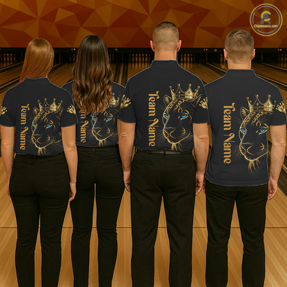 Four people wearing matching black shirts with a lion design and 'Team Name' text on a bowling alley background.