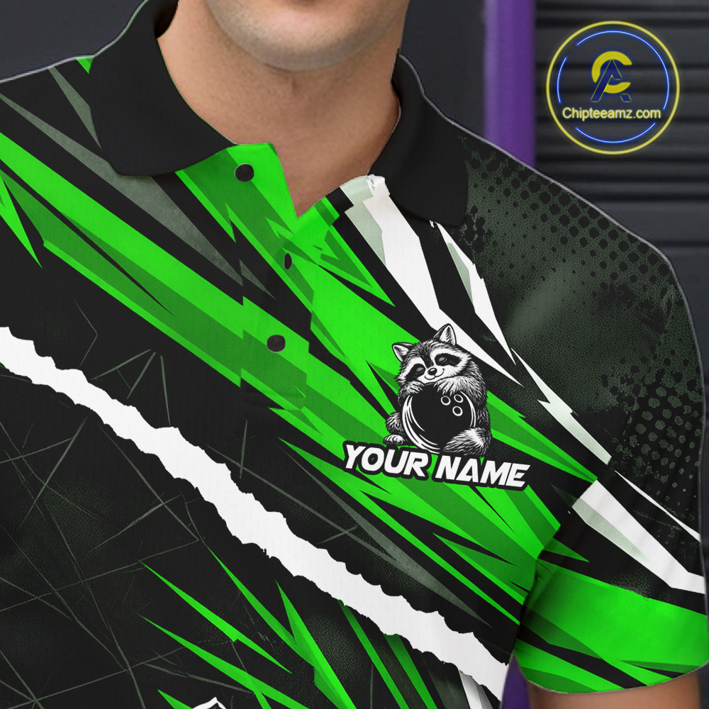 Custom Green Raccoon Funny Bowling Jersey for Men Bowling Team Shirts Polo & 1/4 Zip HNT247