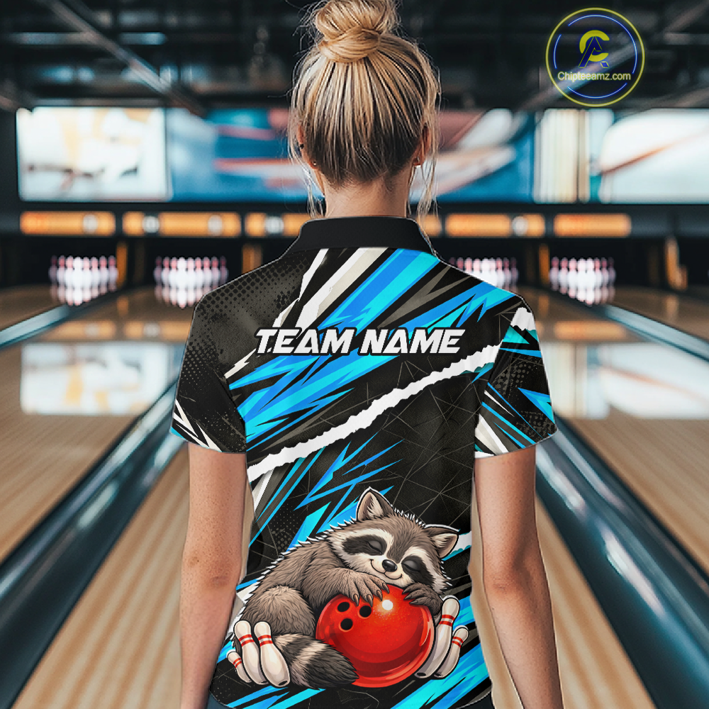 Custom Turquoise Raccoon Funny Bowling Jersey for Women Bowling Team Shirts Polo & 1/4 Zip HNT247