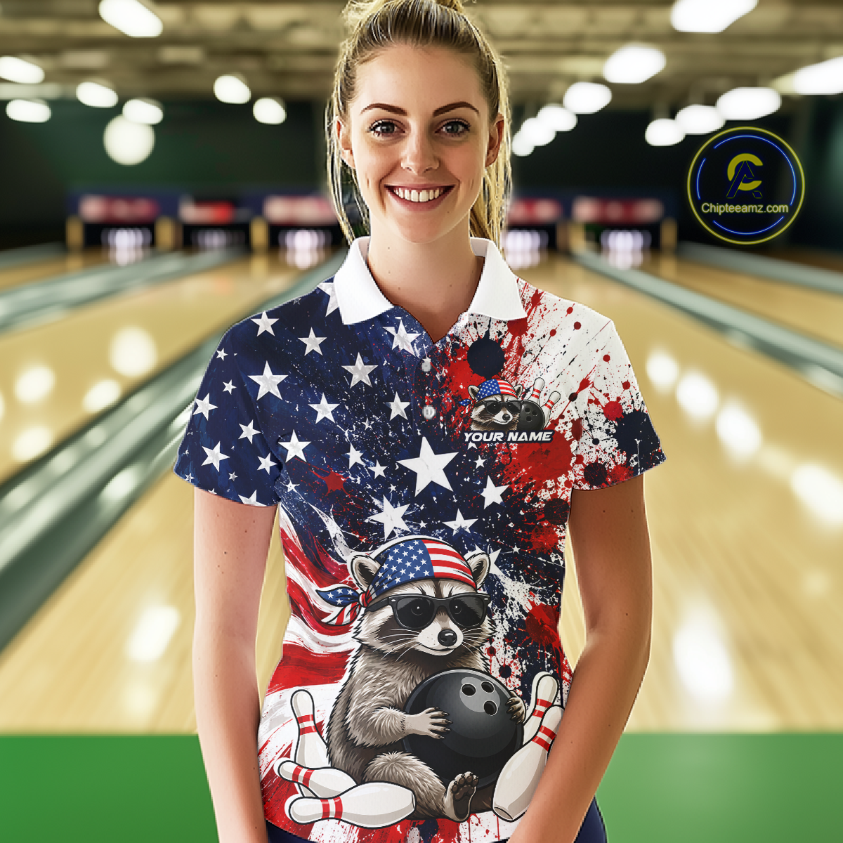 Women’s us flag raccoon bowling polo shirt, front view on female model in bowling lane 