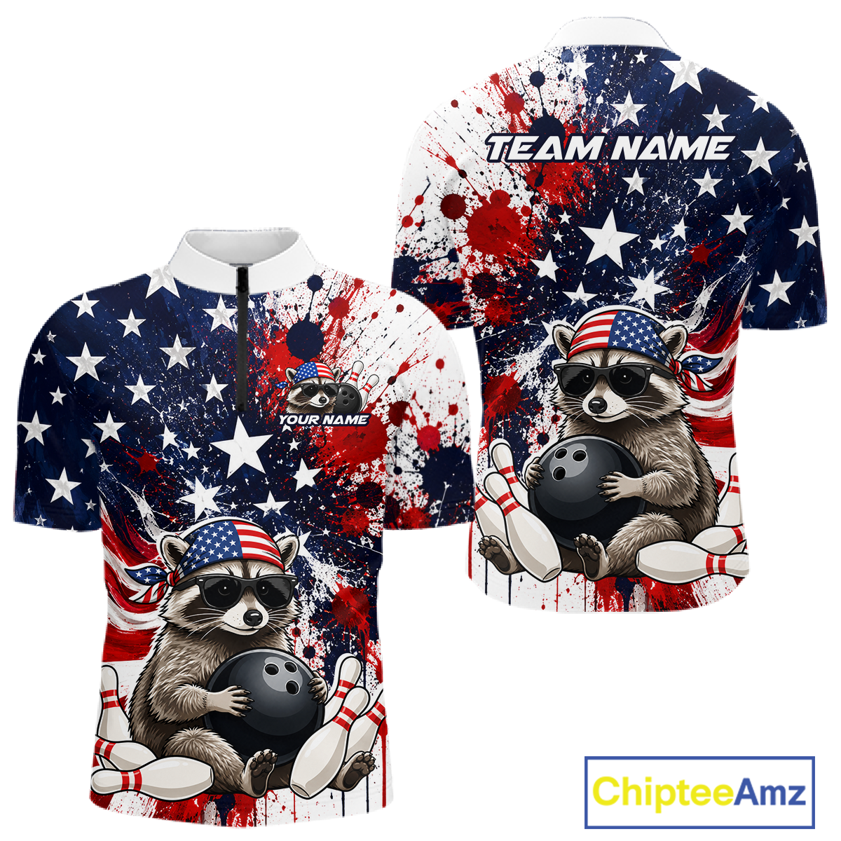Custom us flag raccoon bowling jersey for men, personalized team bowling quarter zip shirt front view and back view