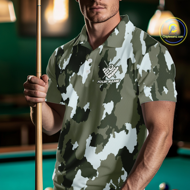 Custom Green Camo 8 Ball Billiard Shirts for Men Billiard League Billiard Team Shirts NNT106