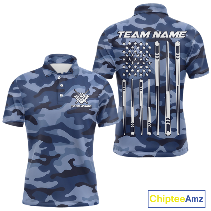 Custom Blue Camo 8 Ball Billiard Shirts for Men Billiard League Billiard Team Shirts NNT106