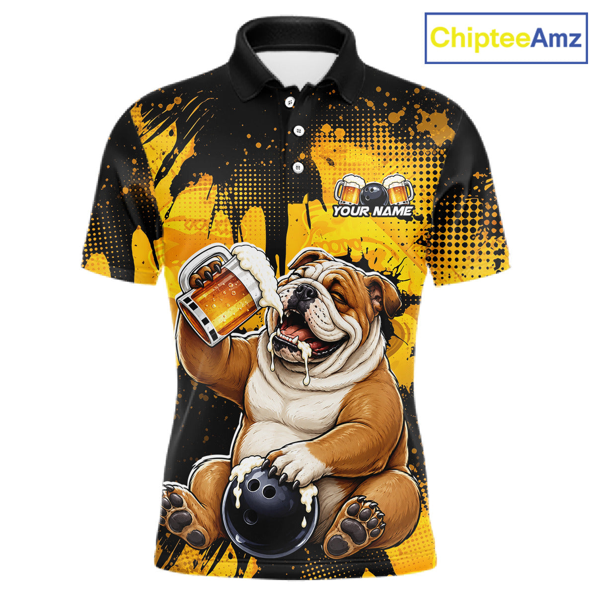 Polo shirt with a bulldog holding a beer and a bowling ball, featuring ChipteeAmz branding.
