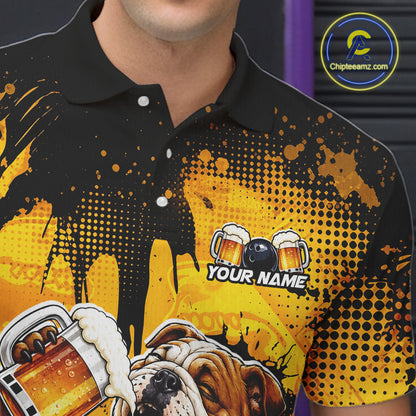 Black and yellow polo shirt with a dog, beer, and bowling ball design, featuring 'Your Name' text.