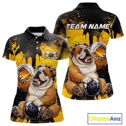 Polo shirt with bulldog design and 'Team Name' text on a yellow and black background, featuring the brand 'Chiptee Amz'.