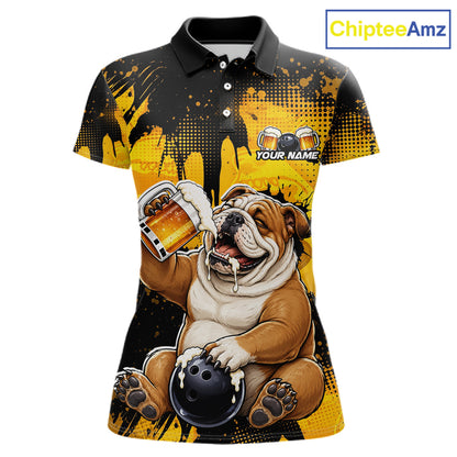 Polo shirt with bulldog design holding a beer mug and bowling ball, brand 'ChipteeAmz' visible.