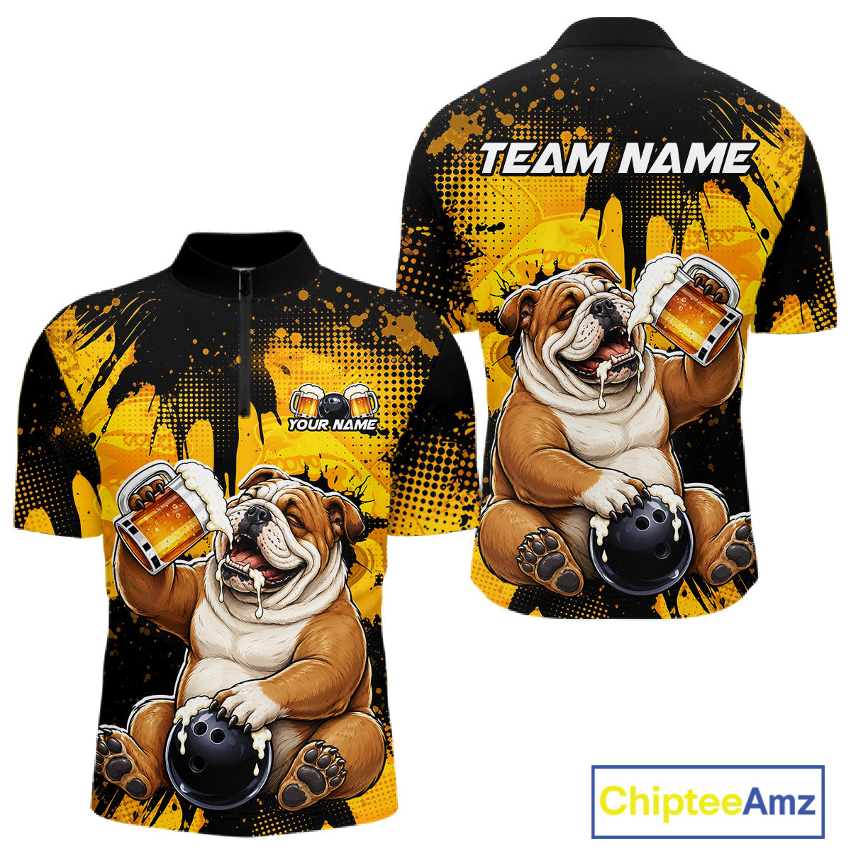 Bulldog-themed shirt with 'Team Name' and 'Your Name' text, featuring a bulldog holding a beer mug and bowling ball.