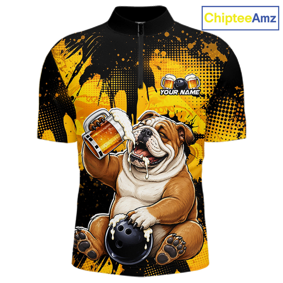 Bulldog holding a beer mug with a yellow and black design on a shirt, featuring the brand 'ChipteeAmz'.