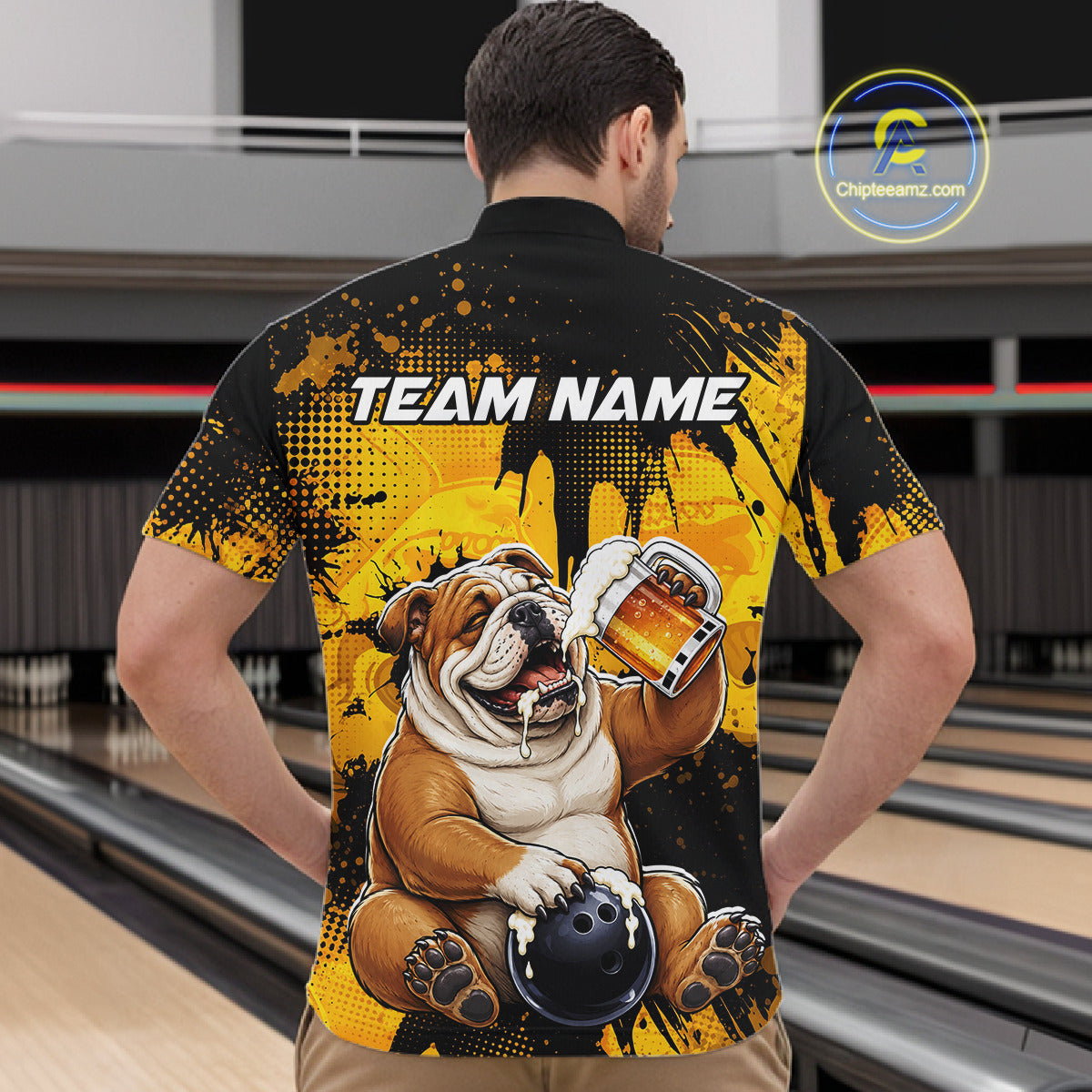 Person wearing a black and yellow bowling shirt with a bulldog graphic and 'TEAM NAME' text.