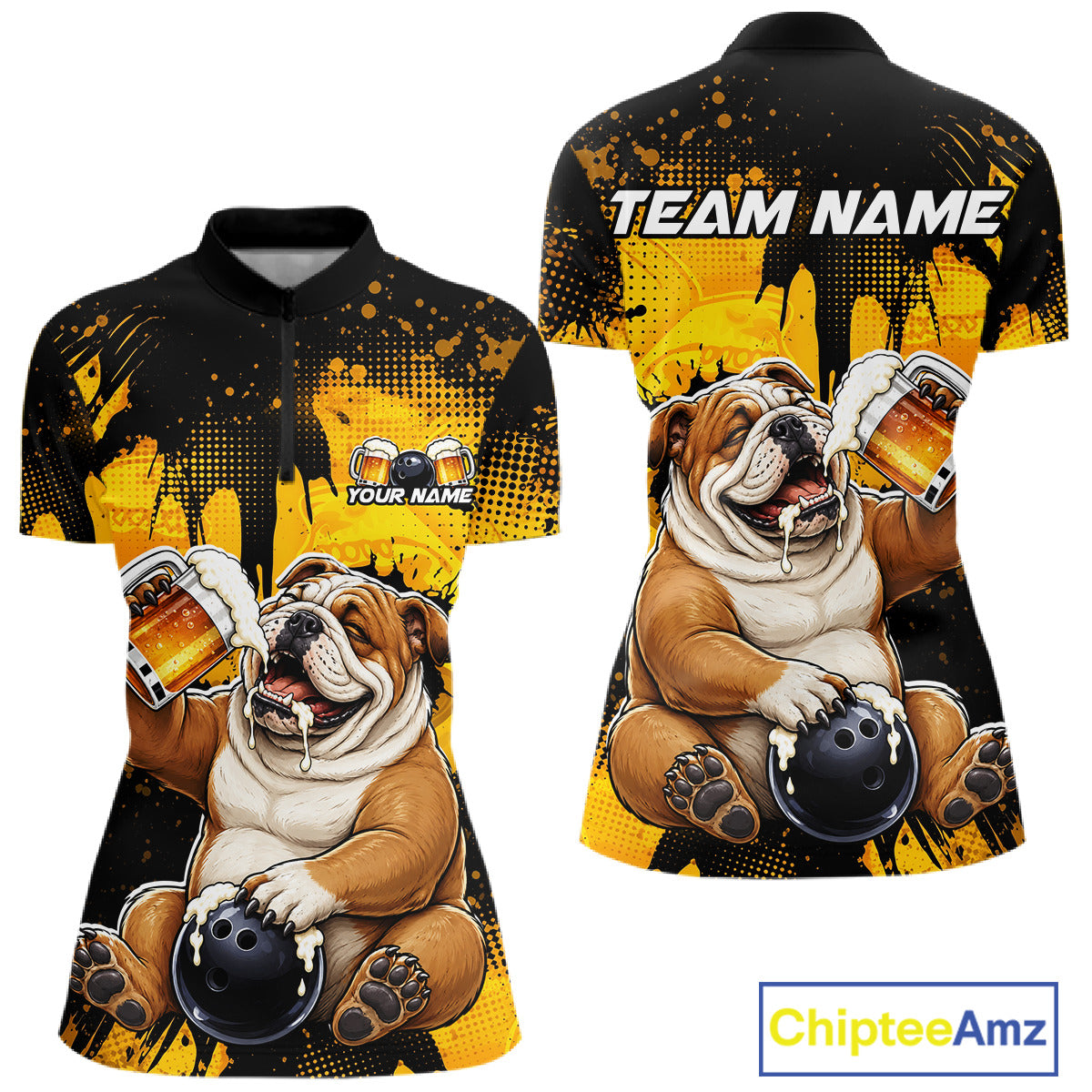 Polo shirt with bulldog design and 'Team Name' text on a yellow and black background, featuring the brand 'Chiptee Amz'.