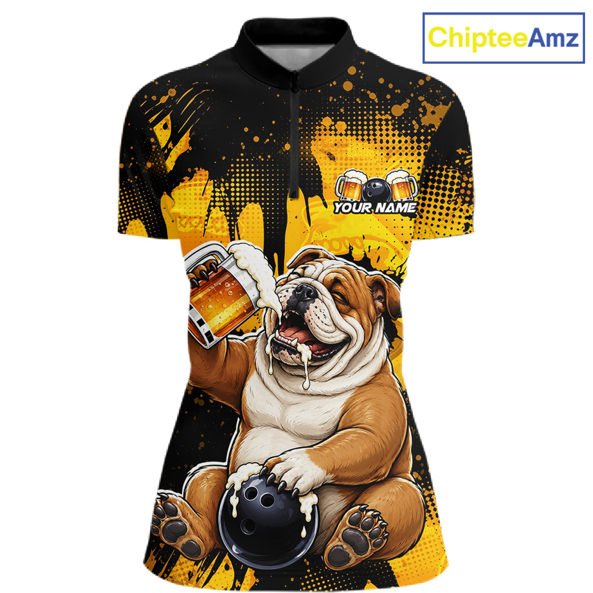 Bulldog holding a beer with bowling ball and shoes on a black and yellow shirt by ChipteeAmz.