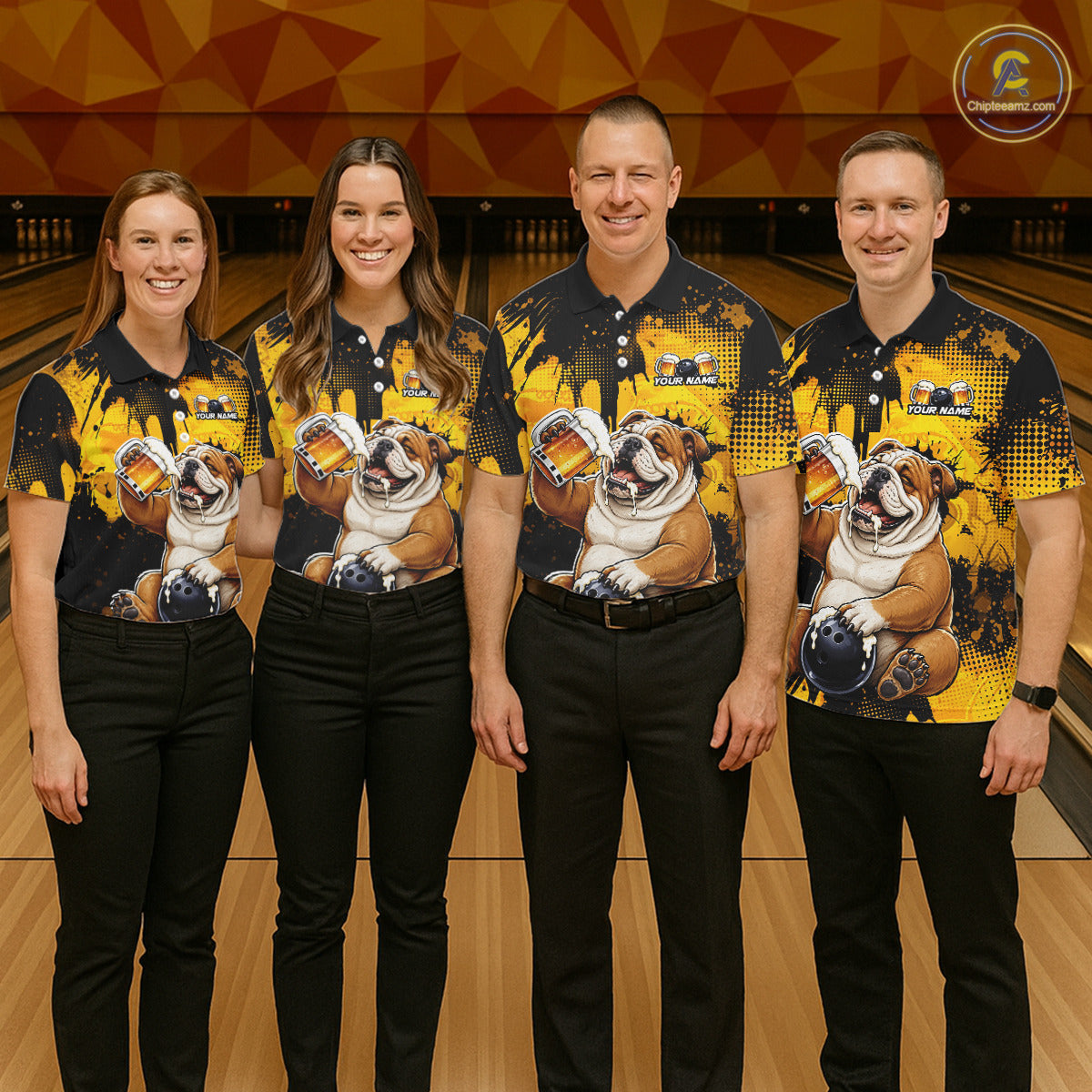 Four people wearing matching bowling shirts with bulldog graphics on a bowling alley.