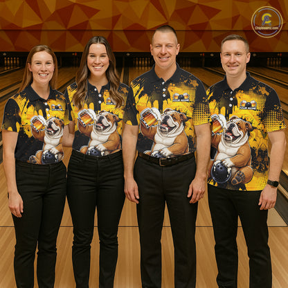 Four people wearing matching bowling shirts with bulldog graphics on a bowling alley.