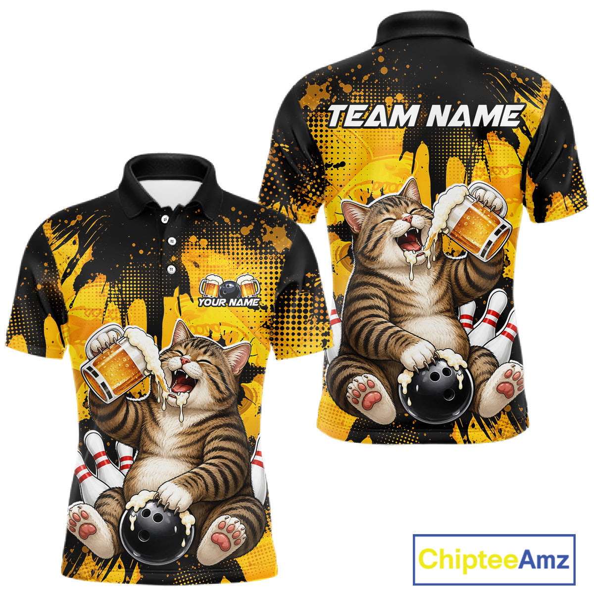 Polo shirt with a cat design holding bowling balls and a beer mug, with 'Team Name' and 'Your Name' text space.