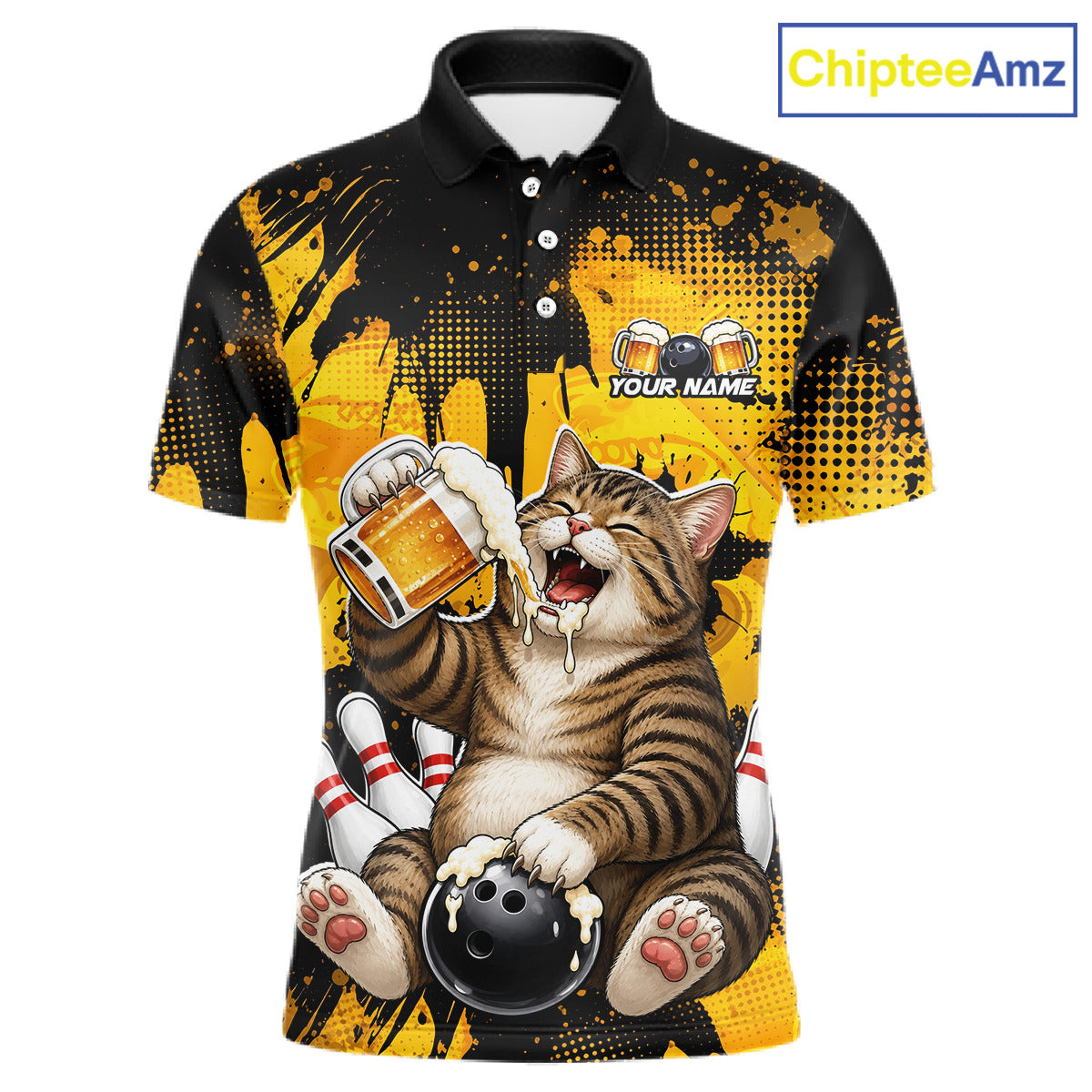 Polo shirt with a cat design holding a beer mug and bowling ball, branded 'ChipteeAmz'.