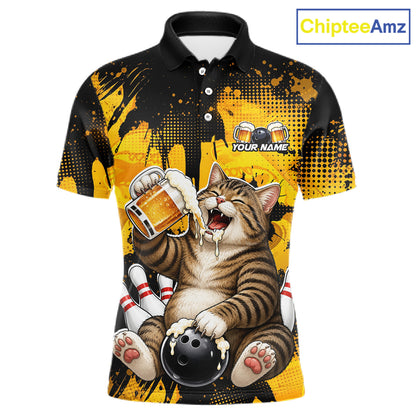 Polo shirt with a cat design holding a beer mug and bowling ball, branded 'ChipteeAmz'.