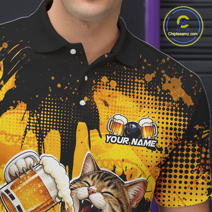 Person wearing a black and yellow polo shirt with a cat and beer design, featuring 'Chipleeamz.com' logo.