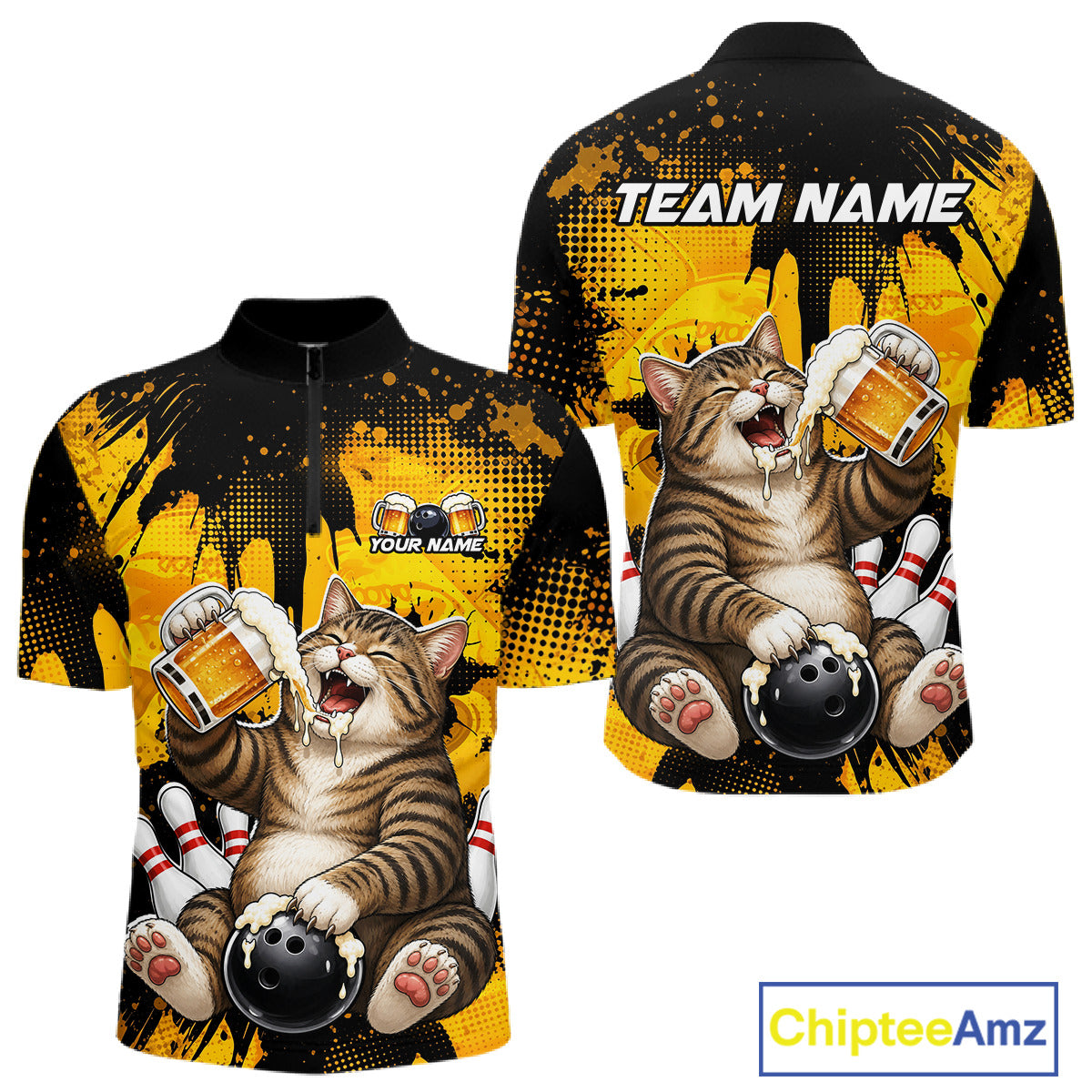 Shirt with a cat design holding a beer and bowling ball, featuring 'Team Name' text on a yellow and black background.