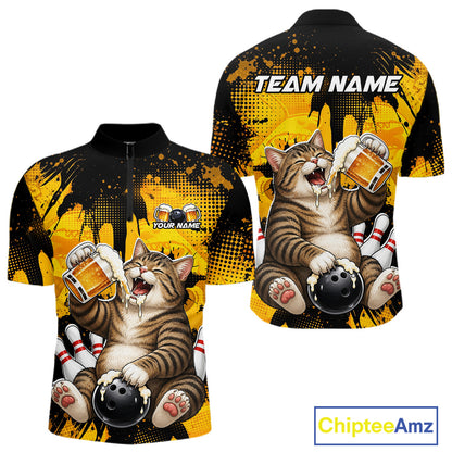Shirt with a cat design holding a beer and bowling ball, featuring 'Team Name' text on a yellow and black background.