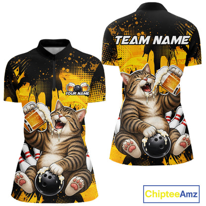 Polo shirt with a cat bowling design on a yellow and black background, featuring 'Chiptee Amz' branding.