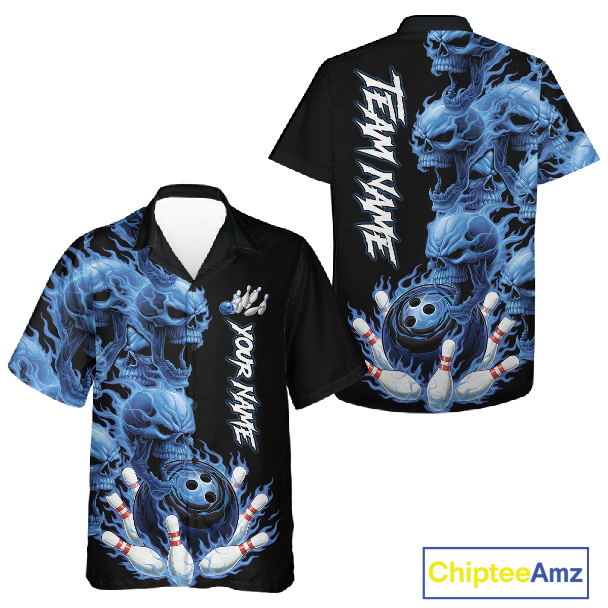Custom Flame Skull Hawaiian Bowling Jersey for Men Women Bowling Team Shirts Bowling League HNT203