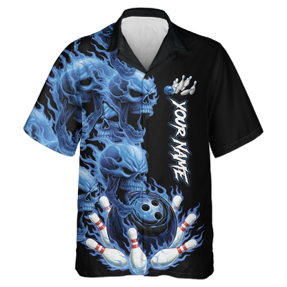 Custom Flame Skull Hawaiian Bowling Jersey for Men Women Bowling Team Shirts Bowling League HNT203