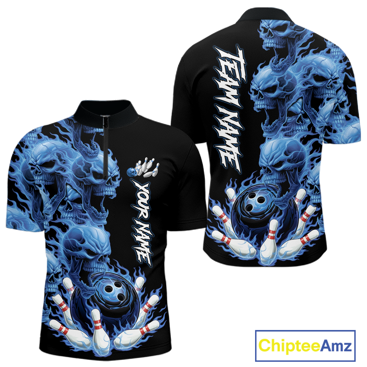 Custom Flame Skull Bowling Jerseys for Men Bowling League Polo & 1/4 Zip Bowling Team Shirts HNT203