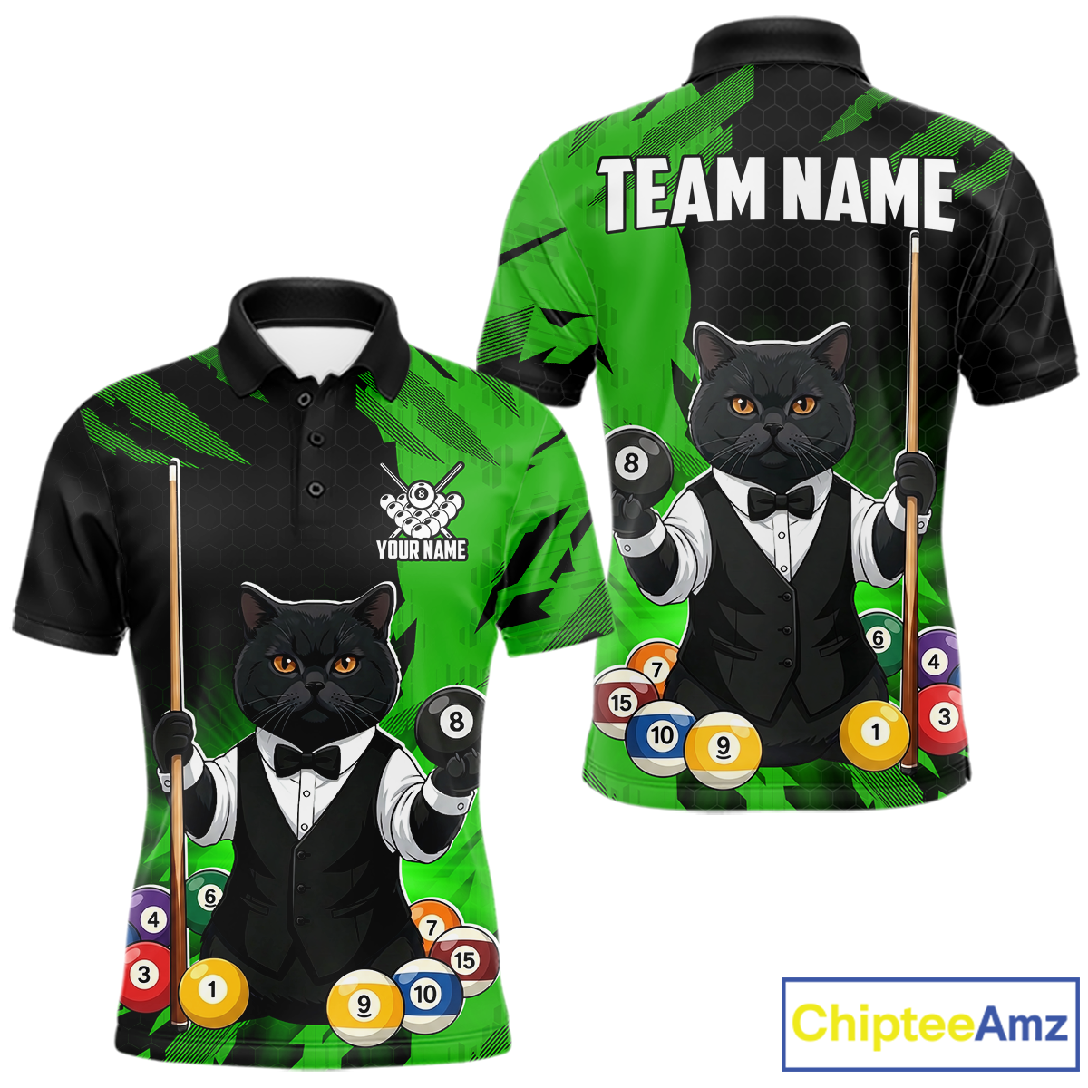 Custom Black Cat 8 Ball Pool Shirts Green Billiard Shirt for Men Billiard Team Jersey Billiard Gift NNT181