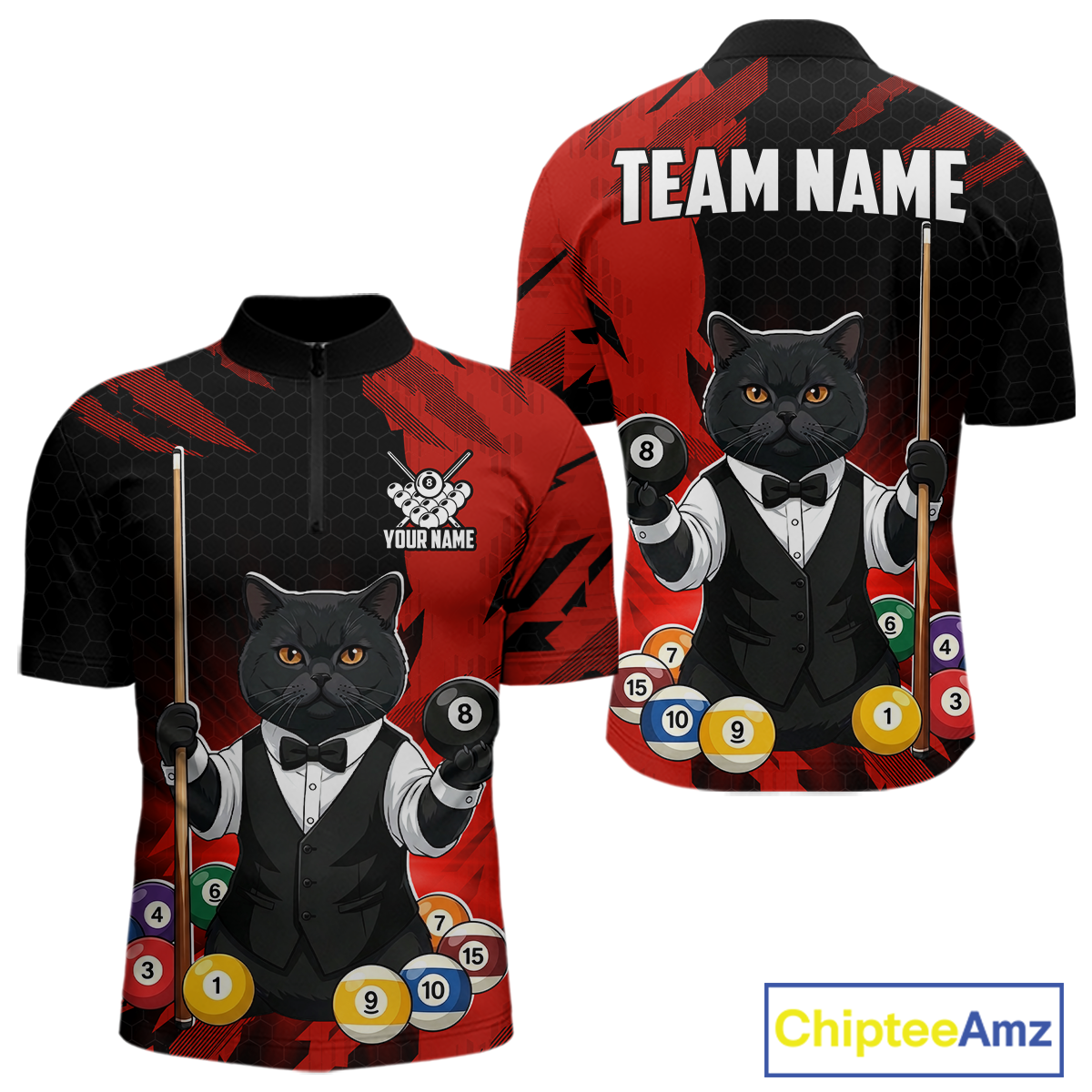 Custom Black Cat 8 Ball Pool Shirts Red Billiard Shirt for Men Billiard Team Jersey Billiard Gift NNT181