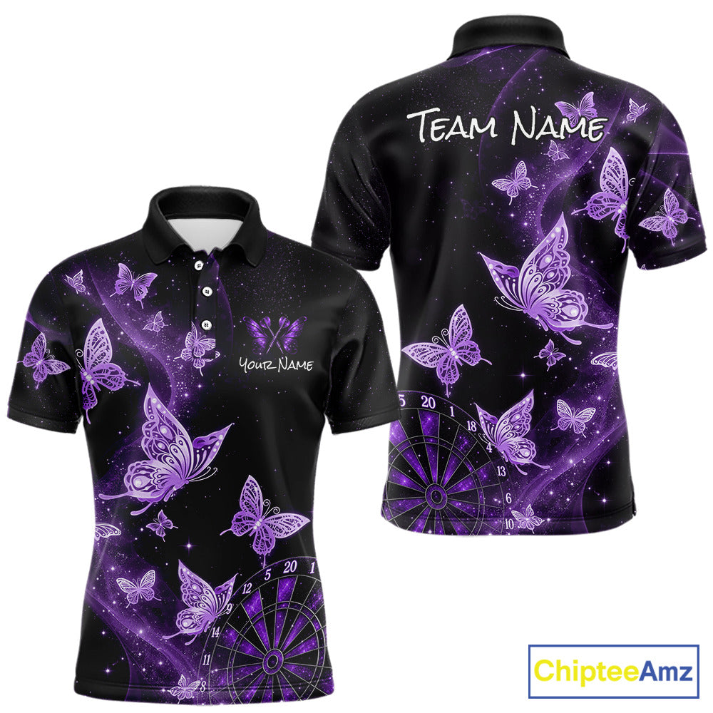 Black short-sleeve polo shirt with a purple and violet butterfly and dartboard graphic print, shown from both front and back views on a white background. Features customizable text placeholders and a ChipteeAmz logo in the bottom right corner.