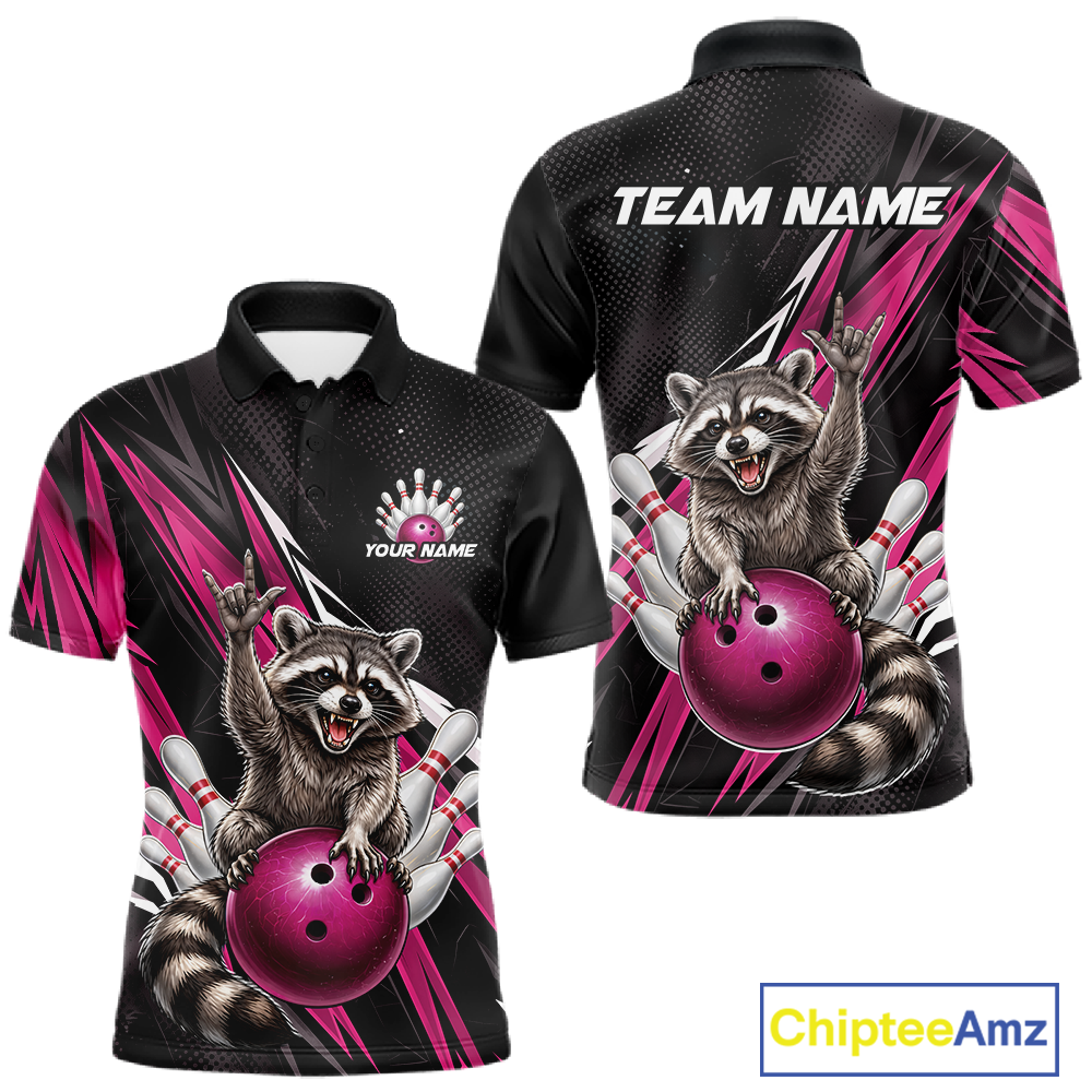 Custom Pink Raccoon Bowling Jersey for Men Bowling Team Shirts Bowling Polo & 1/4 Zip HNT254