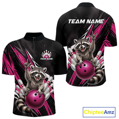 Custom Pink Raccoon Bowling Jersey for Men Bowling Team Shirts Bowling Polo & 1/4 Zip HNT254