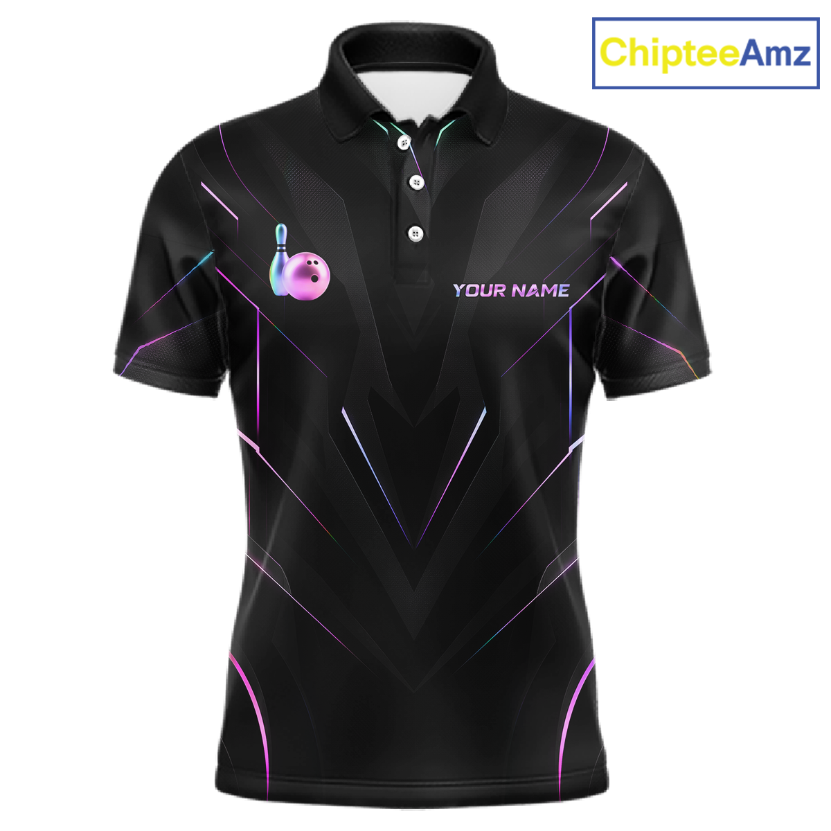Black polo shirt with colorful designs and a logo on a white background, branded 'ChipteeAmz'.