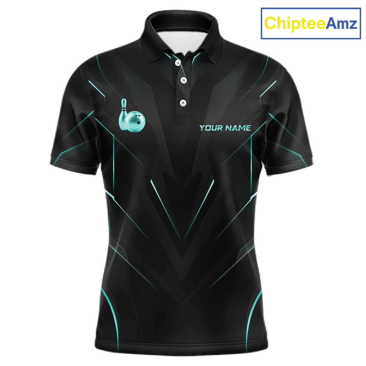 Black polo shirt with teal accents and a bowling ball design on a white background, branded with 'ChipteeAmz'.
