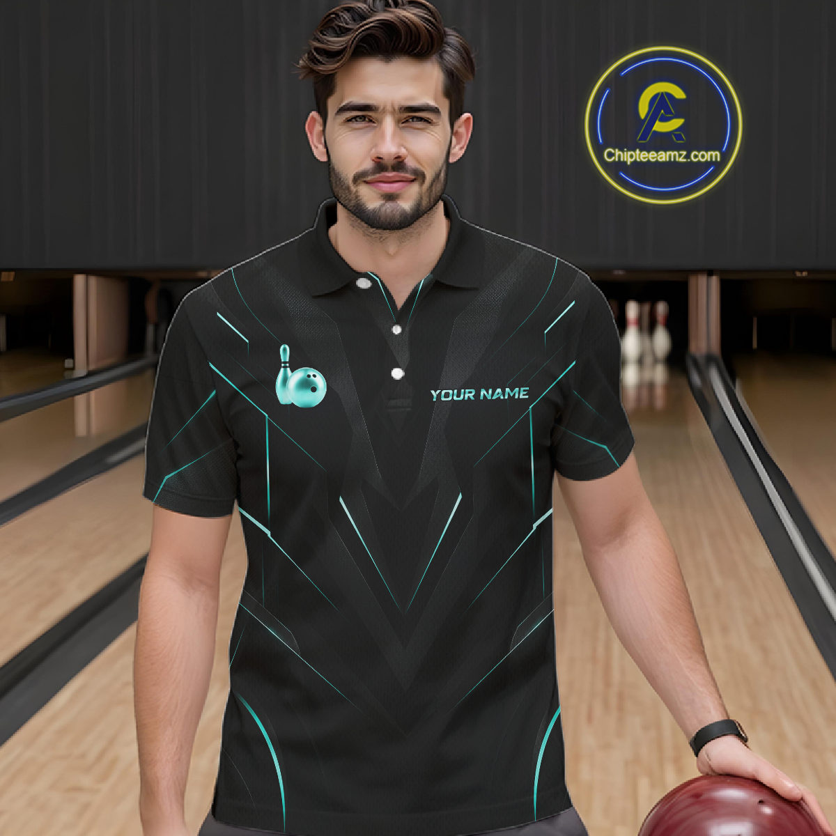Man wearing a black bowling shirt with teal accents in a bowling alley.