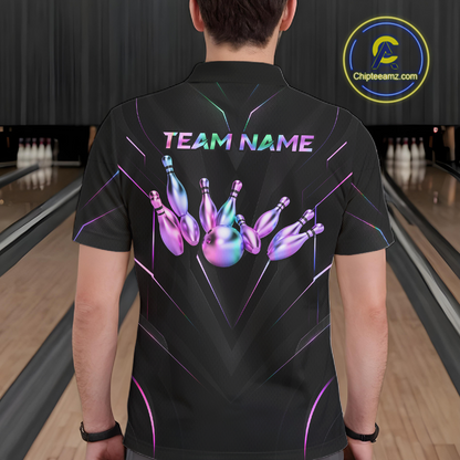 Person wearing a black bowling shirt with colorful design and 'TEAM NAME' text in a bowling alley.