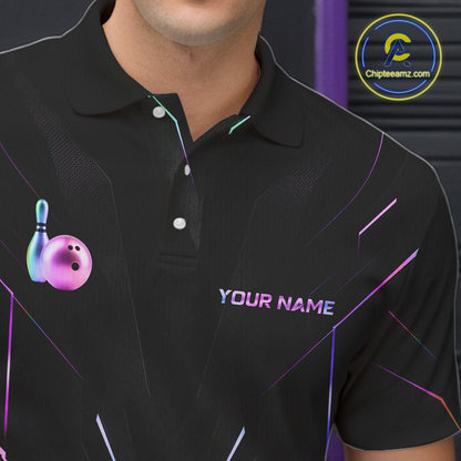 Black polo shirt with colorful bowling ball and pin design on a person, brand logo visible.
