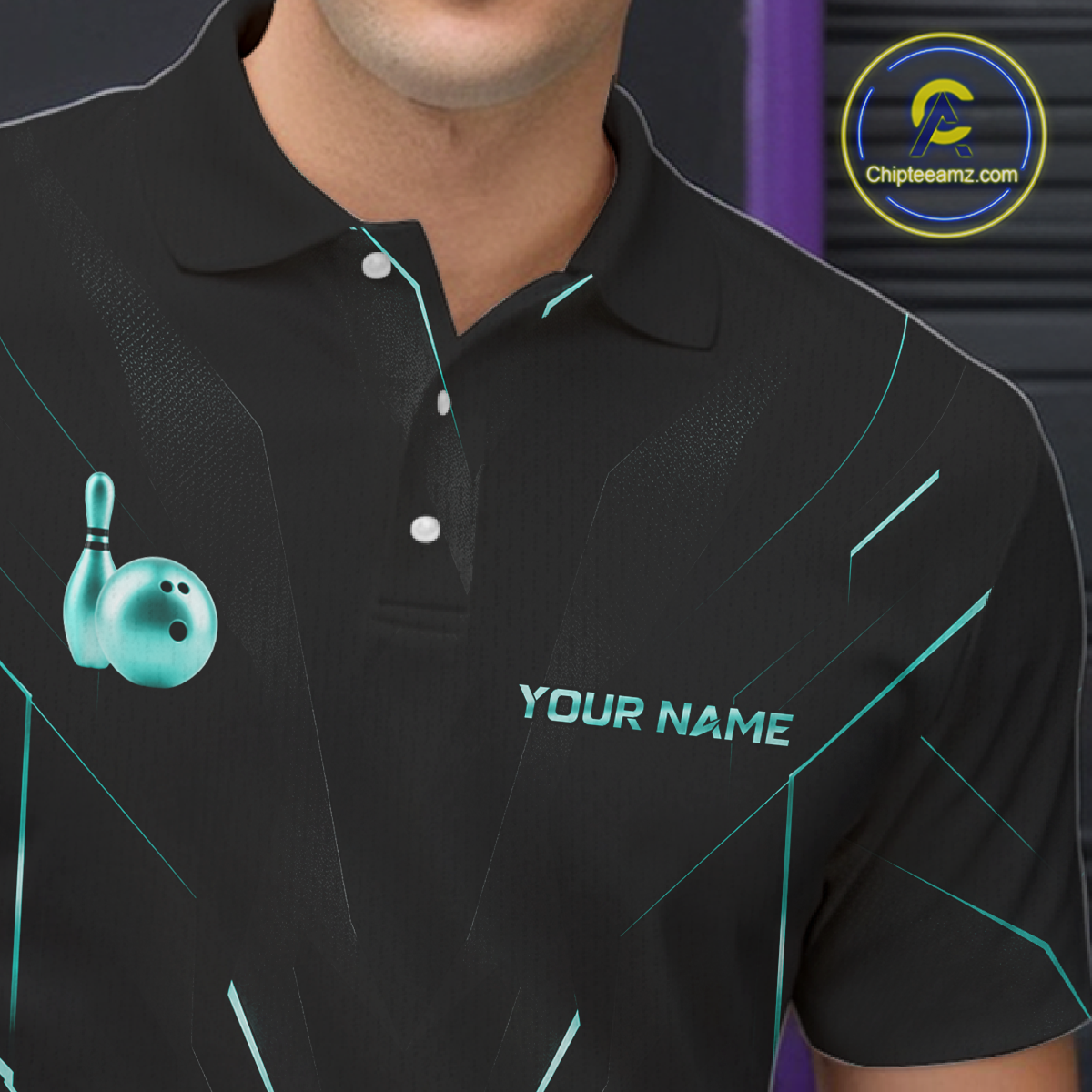 Black polo shirt with bowling design and customizable text on a dark background