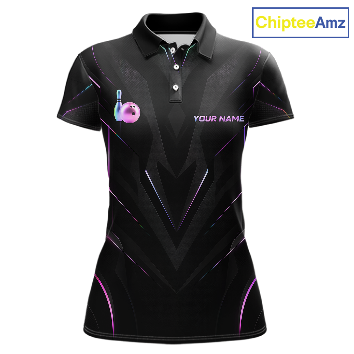 Black bowling shirt with colorful design and 'ChipteeAmz' branding on a white background