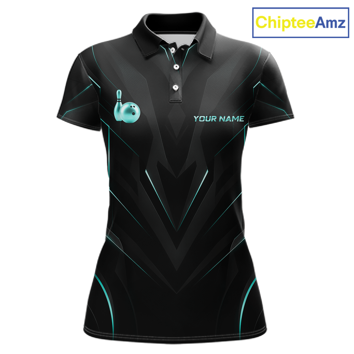 Black and green polo shirt with a logo and 'Your Name' text on a white background, branded with ChipteeAmz.
