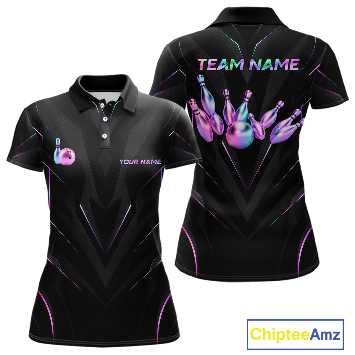 Black bowling-themed polo shirt with colorful graphics and 'Team Name' text on a white background.
